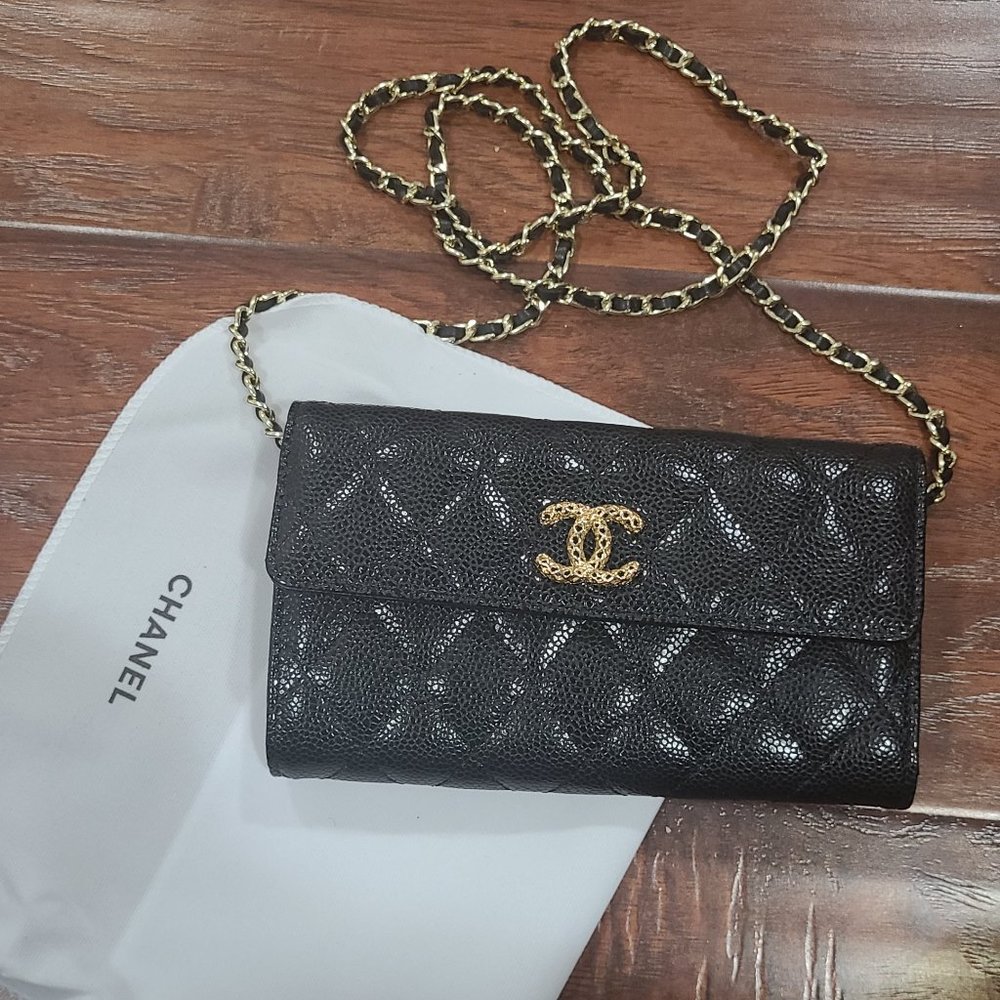 Chanel black caviar long wallet on chain